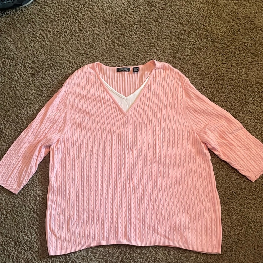 Beautiful Ladies Crystal Kobe v-neck light pink cotton rib sweater. Sz 3X